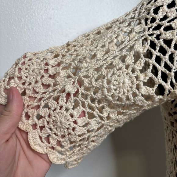 Vintage F.A.I. Crochet Cardigan Women’s L 100% Cotton Open Knit Boho Cream - Picture 10 of 16